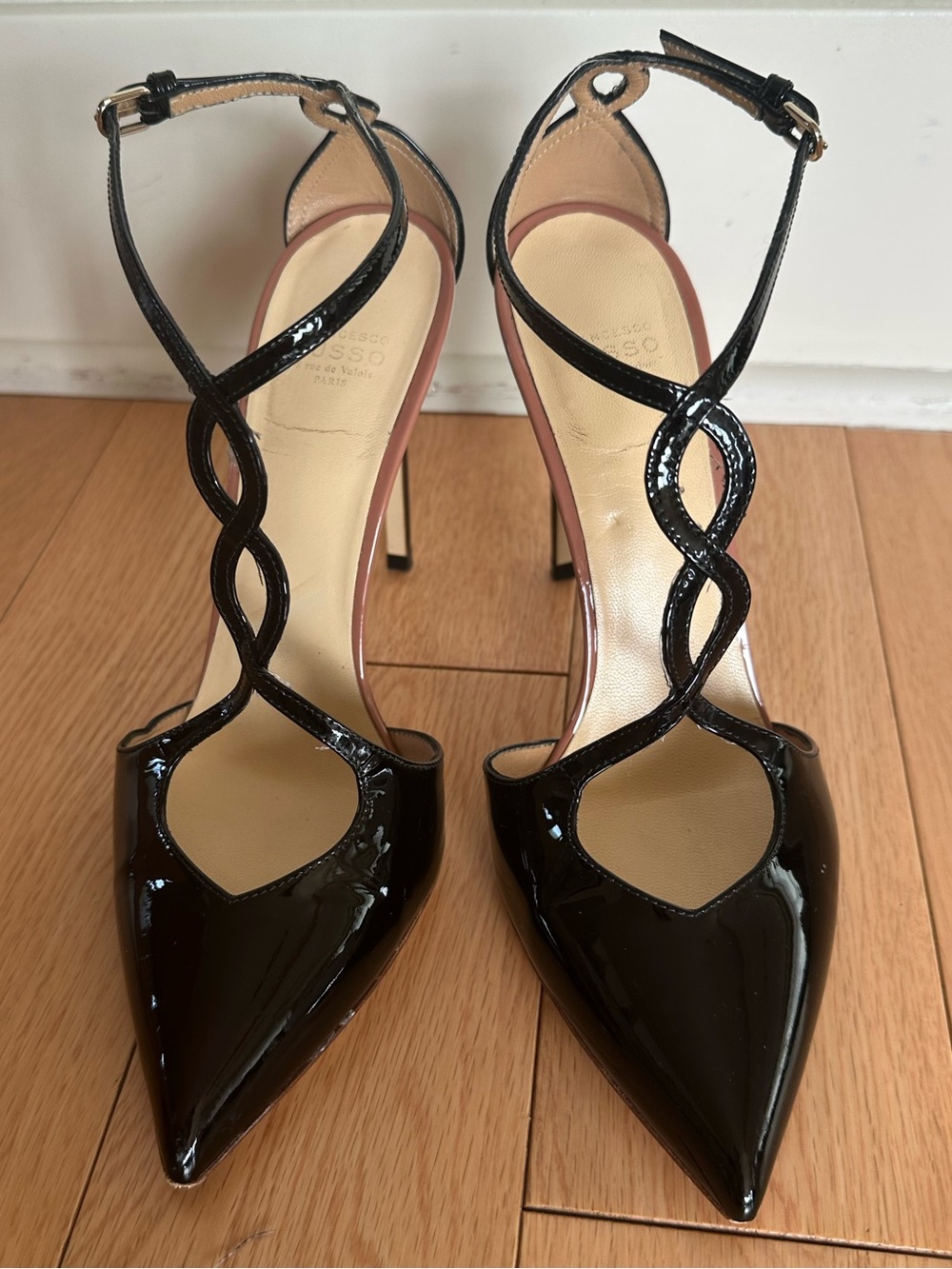 Francesco Russo Stilettos Patent Leather Pointed-Toe Strappy Heels Black Size 38